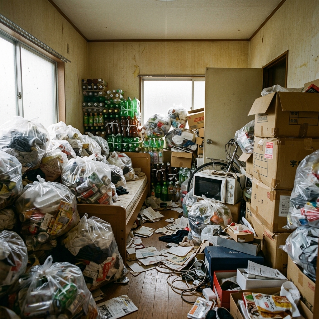 山積みのゴミ袋やペットボトルで溢れたゴミ屋敷のBefore